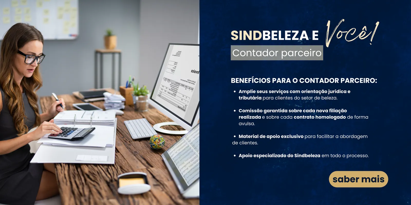 SINDBELEZA e Você — Contador parceiro. Benefícios: orientação jurídica e tributária, comissão garantida, material de apoio e apoio especializado.